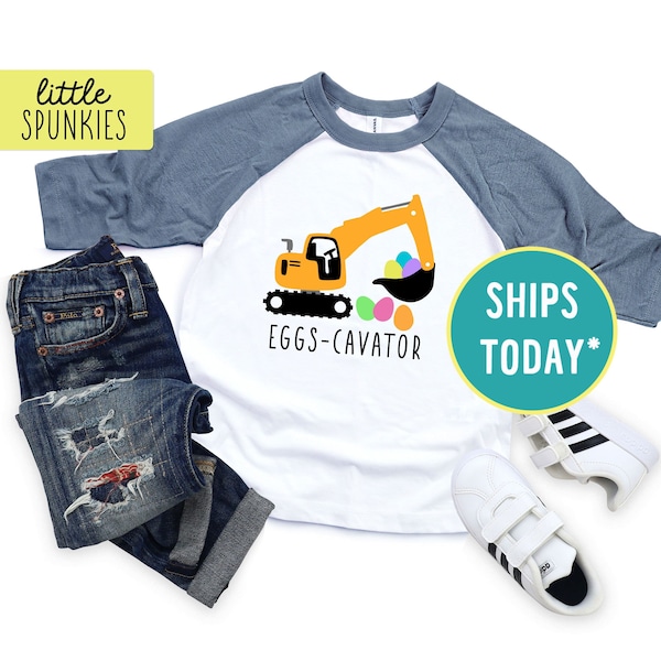 Eggs-cavator Raglan Tee, Easter Construction T-Shirt, Funny Toddler Easter Shirt