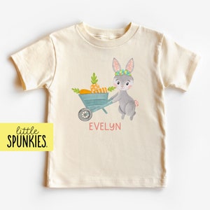 Personalized Easter Shirt for Girls, Girl Bunny with Cart of Carrots Tee, Retro Boho Shirts (GIRL CART of CARROTS)
