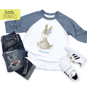 Personalized Watercolor Bunny Raglan Shirt: Girls Easter Outfit