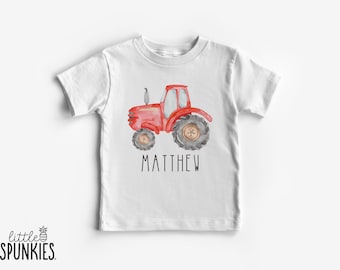 Watercolor Red Farm Tractor with Name Shirt: Custom Farm Gift for Kids - SL19172