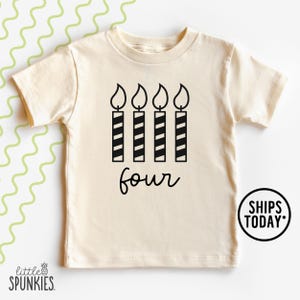 Four Candle Birthday Shirt, Kids Fourth Birthday Party Outfit, Turning 4 Years Old Graphic Tee for Boys and Girls - PL16761