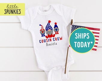 Custom Name 4th of July Onesies® Brand, Personalized Cousin Crew Onesies® Brand, Cute Baby Bodysuit (GNOMES COUSIN CREW)