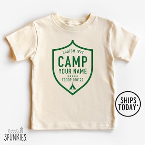 Custom Camp Troop Badge Graphic Tee, Personalized Camping Natural Shirt, Camp Themed T-Shirt (GREEN INK) - YL25832