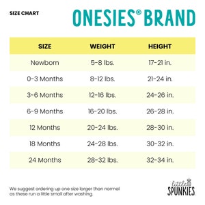 May include: Size chart for Onesies Brand baby clothing, with size, weight in pounds, and height in inches. Sizes range from newborn to 24 months. Includes a note suggesting ordering a size up.