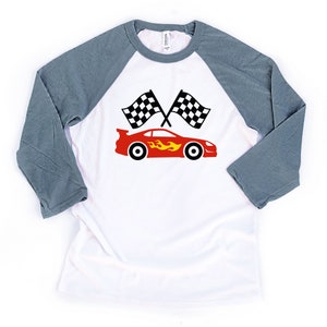 Car Racing Shirt with Name and Age: Red Race Car Raglan - ZL26858 image 3