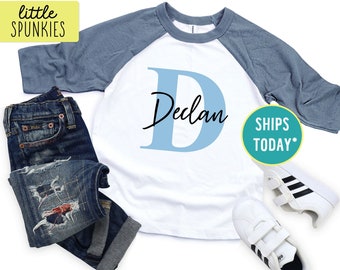 Personalized Alphabet Letter Name Toddler Raglan, Custom Kids Name Shirt, Boy Baseball Tee (ALPHABET LETTER NAME - Blue)