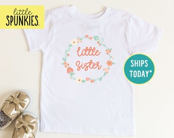 Peach Floral Wreath Little Sister Shirt, Toddler Girl Tshirt, Siblings Tee Shirt