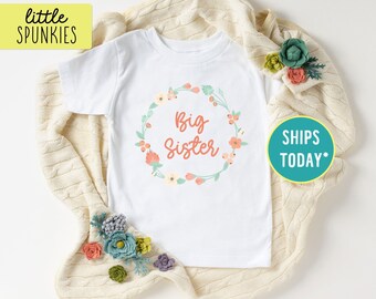 Youth Girl Tee, Peach Floral Wreath Big Sister Shirt, Siblings Shirt