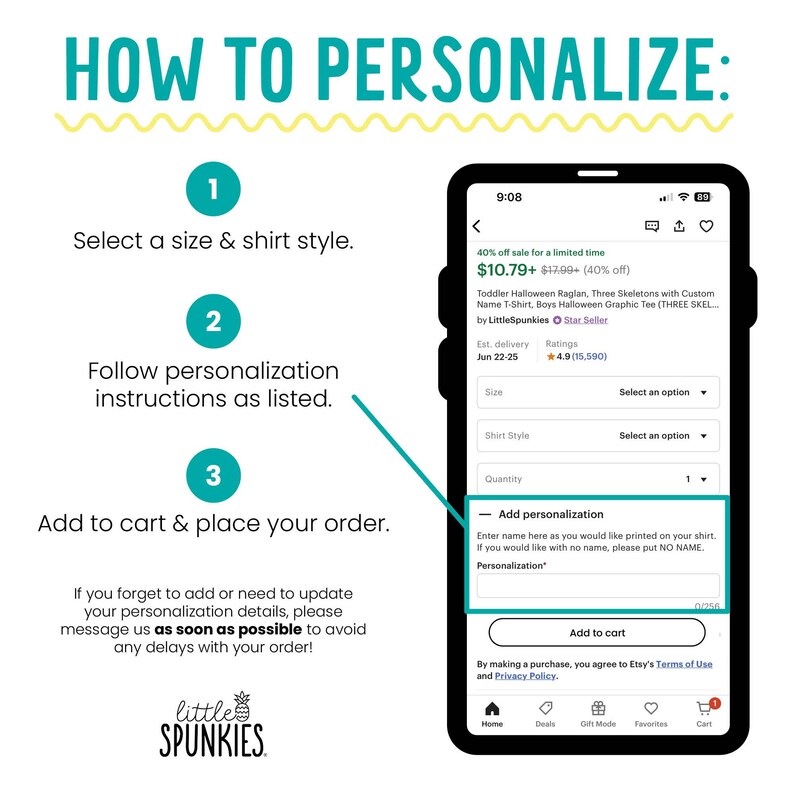 May include: An instructional graphic titled HOW TO PERSONALIZE with three numbered steps and a smartphone screen display showing an Etsy product page. The screen highlights an Add personalization text box for entering a custom name for a shirt.
