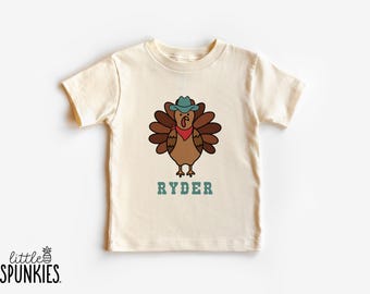 Cowboy Turkey with Name Shirt: Thanksgiving Graphic Tees for Kids - JL10208