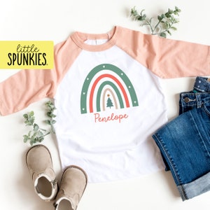 Personalized Boho Christmas Rainbow Raglan: Holiday Tops for Girls