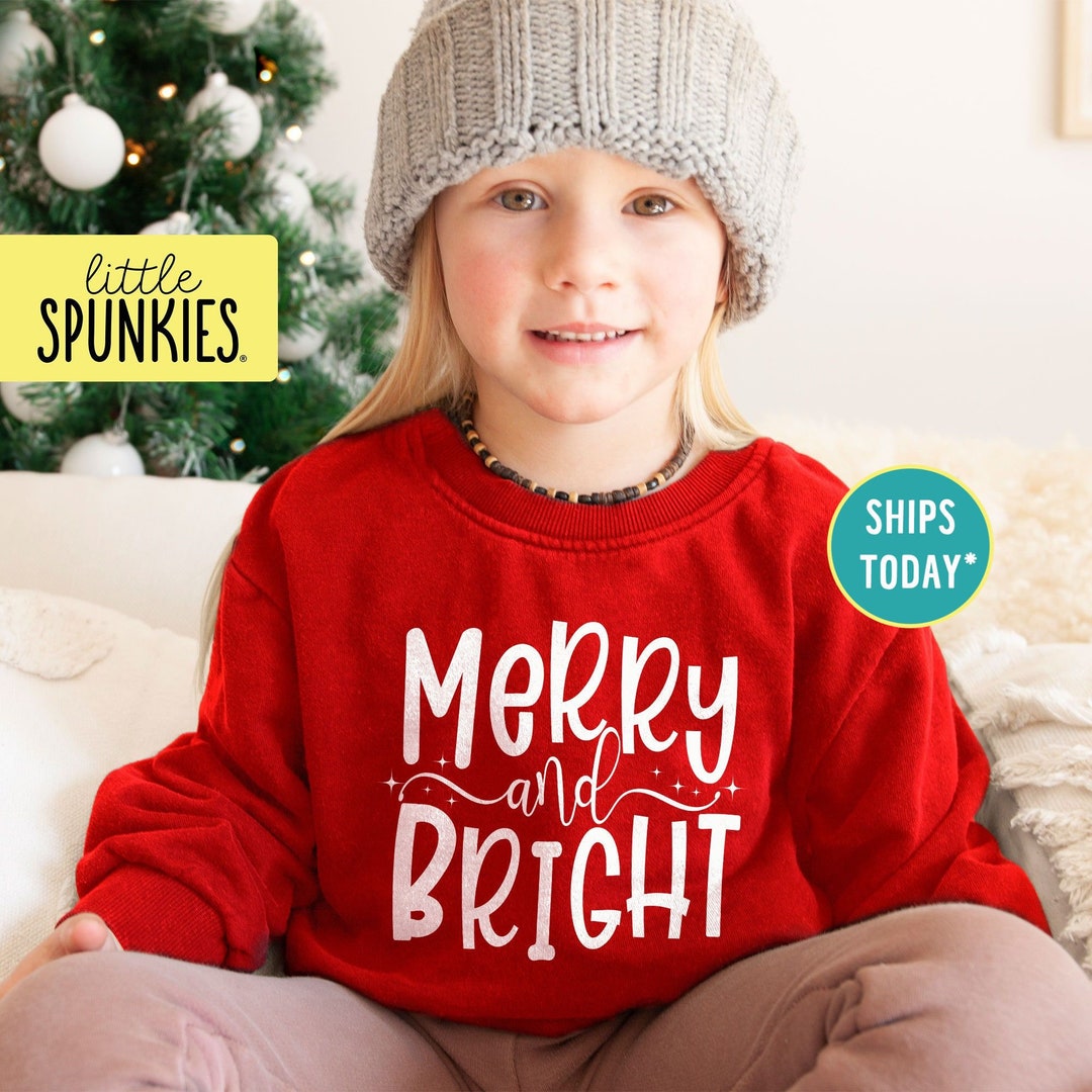 Merry and Bright Red Sweatshirt for Kids, Christmas Pullover, Cute Xmas