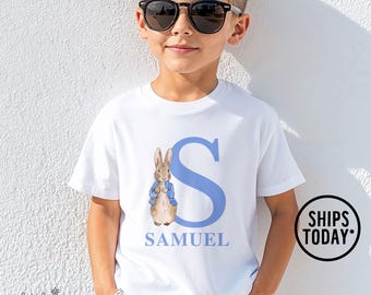 Storybook Rabbit Easter Shirt: Personalized Blue Name and Initial T-Shirt - EL5579