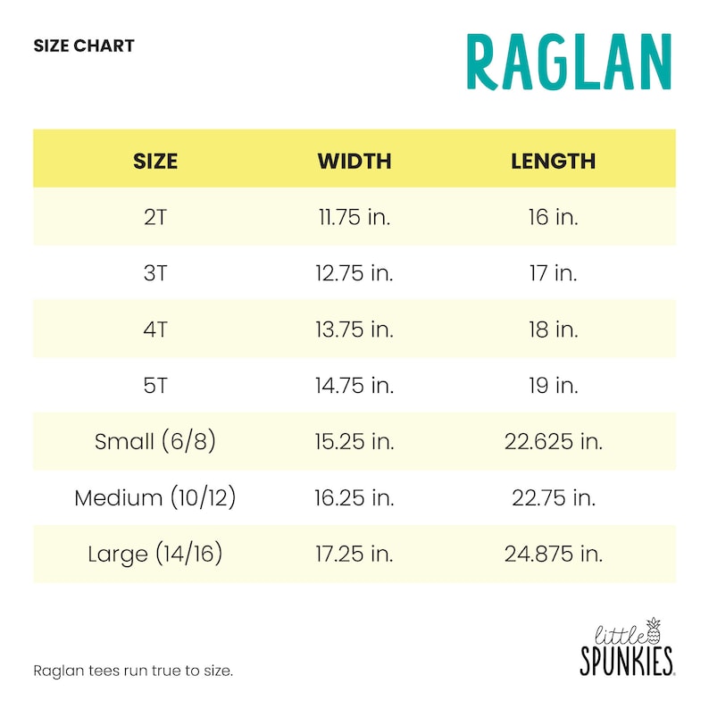 May include: A size chart for Raglan shirts with a yellow header and white rows. It lists sizes 2T through 5T and Small, Medium, and Large with corresponding width and length measurements in inches. The text Little Spunkies and Raglan tees run true to size are visible.