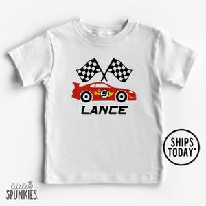 Red Race Car with Custom Name and Age T-Shirt: Racing Shirts for Kids - ZL26858