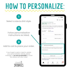 Puede incluir: Imagen que muestra c&oacute;mo personalizar un pedido de camiseta en un tel&eacute;fono m&oacute;vil. Los pasos incluyen seleccionar la talla y el estilo, seguir las instrucciones de personalizaci&oacute;n y a&ntilde;adir al carrito. El texto en la pantalla solicita la entrada del nombre para la camiseta.