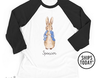 Personalized Easter Blue Rabbit Raglan: Kids Bunny Graphic Tee - EL5582