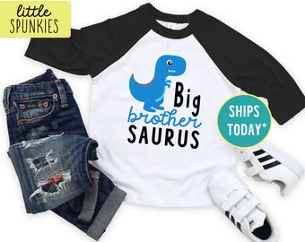 Sibling Shirts, Big Brother Saurus Raglan Shirt, Toddler Boy Baseball Tee (BLUE DINO)