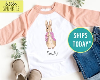 Personalized Rabbit Raglan, Custom Name Easter Shirt for Girls, Cute Easter Bunny T-Shirt (PINK RABBIT)