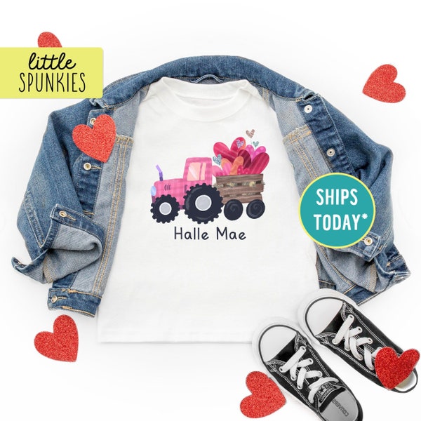 Girl Valentine's Day, Watercolor Pink Tractor with Name Graphic Tee, Cute Farm Shirts for Girls (WATERCOLOR PINK TRACTOR)