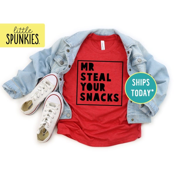 Mr Steal Your Snacks T-Shirt, Funny Snack Shirt for Kids, Snacking Shirt for Boys