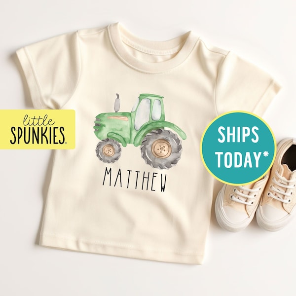 Watercolor Green Tractor with Name Natural Tee, Kids Custom Shirt, Boy Farm T-Shirt (GREEN FARM TRACTOR)