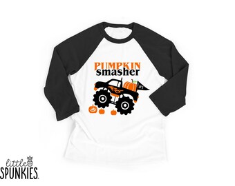 Pumpkin Smasher Raglan, Halloween Monster Truck, Funny Boys Fall Graphic Baseball Tee - GL7942