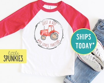 Just a Boy Who Loves Tractors Raglan, Farm Themed Birthday, Kids Graphic Tees (RED TRACTOR)