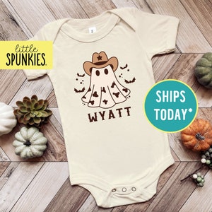 Vintage Baby Halloween Bodysuits, Cowboy Ghost with Custom Name Natural Onesies® Brand, Spooky Western Bodysuit (COWBOY GHOST)