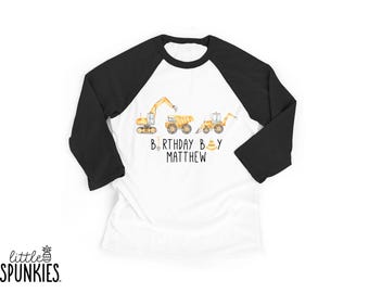 Watercolor Birthday Boy Construction with Custom Name Raglan, Excavator Birthday Theme, Personalized Shirt - PL16896