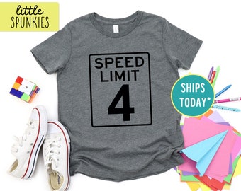 Car Racing Themed Birthday T-Shirt, Speed Limit 4 Shirt, 4th Birthday Graphic Tee