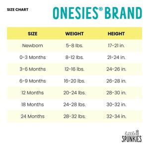 May include: A Onesies Brand size chart with a yellow header and white rows. It lists sizes from Newborn to 24 Months, with corresponding weight ranges in pounds from 5-8 lbs to 28-32 lbs and height ranges in inches from 17-21 in to 32-34 in.