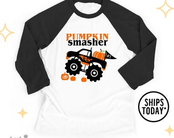 Pumpkin Smasher Raglan, Halloween Monster Truck, Funny Boys Fall Graphic Baseball Tee - GL7942
