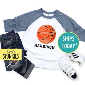 Kids Basketball Shirt, Watercolor Basketball with Custom Name Raglan, Bball Gifts (WATERCOLOR BASKETBALL)