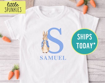 Personalized Blue Rabbit Shirt with Name and Initial, Custom Graphic Tee for Boys, Cute Easter Baby Bodysuit (BLUE RABBIT INITIAL)