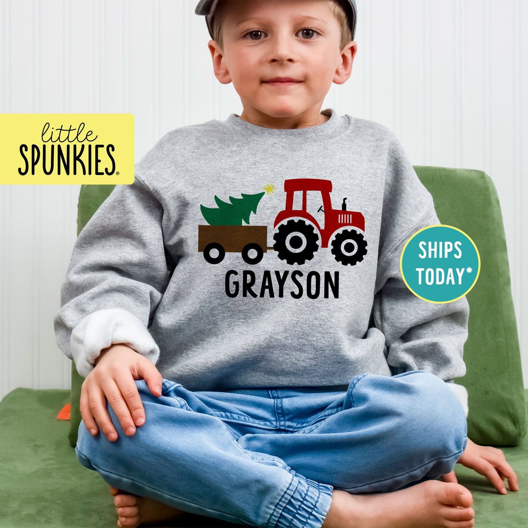 Kids Tractor Sweatshirt, Christmas Tractor With Custom Name Sweater