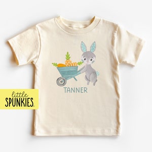 Personalized Boys Bunny Shirt with Name, Custom Easter Bunny Tee, Boy Bunny with Cart of Carrots Shirt (BOY CART of CARROTS)