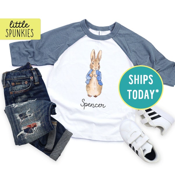 Easter Blue Rabbit Raglan with Name, Personalized Easter Shirt, Easter Bunny Graphic Tee for Kids (BLUE RABBIT)