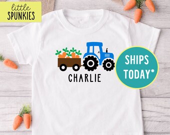 Spring Tractor Shirt, Personalized Easter Tractor Shirt, Custom Name Kids T-Shirt (EASTER CARROT TRACTOR)