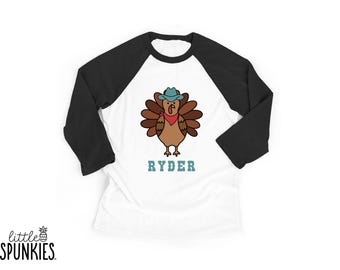 Western Thanksgiving Shirt for Kids: Cowboy Turkey with Name Raglan - JL10208