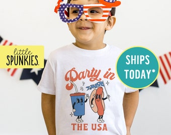 Party in the USA Hot Dog T-Shirt, Kids 4th of July Graphic Tee, Retro Fourth of July Toddler Shirt