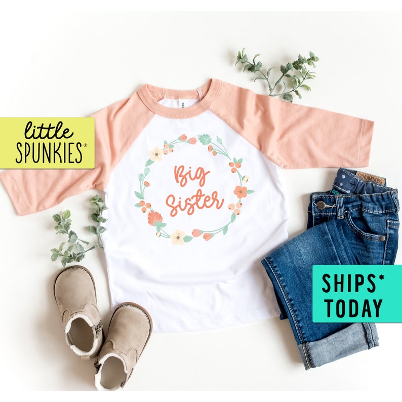 Big Sister Peach Floral Wreath Raglan Shirt Toddler Baseball Tee Big Sister Gift