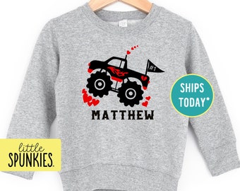 Toddler Vday Sweater, Valentine Monster Truck with Custom Name Sweatshirt, Outfits for Boys (VALENTINE MONSTER TRUCK)