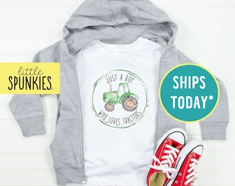 Just a Boy Who Loves Tractors T-Shirt, Tractor Lover Gift, Boys Farming Outfit (GREEN TRACTOR)