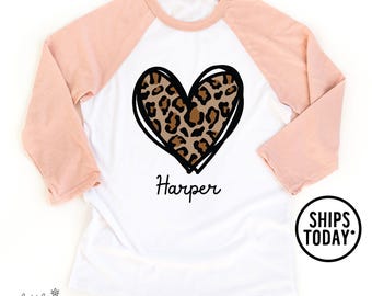 Leopard Heart Valentine's Day Raglan: Personalized Girls Cheetah Shirt - KL11300