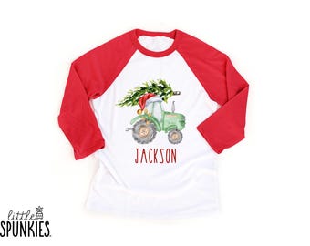 Personalized Christmas Tractor Raglan: Watercolor Green Farm Xmas Shirt - BL2586