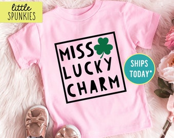 Miss Lucky Charm Shirt with Shamrock, Three Leaf Clover Kids Graphic Tee, St Patricks Day for Girls (PINK SHIRT)