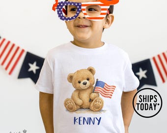 USA Teddy Bear with American Flag Tshirt: Custom July 4th Kids Tees - AL1508