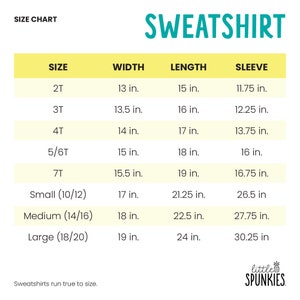 May include: A size chart for sweatshirts, with measurements in inches. The chart includes sizes from 2T to Large (18/20), detailing width, length, and sleeve measurements. The word "SWEATSHIRT" is at the top.