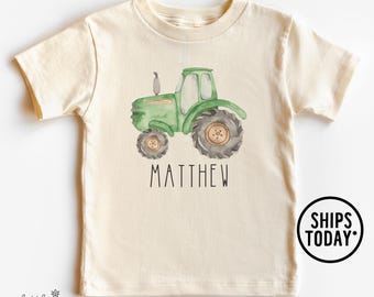 Watercolor Green Farm Tractor with Name Tee: Kids Custom Farming Shirt - SL19169